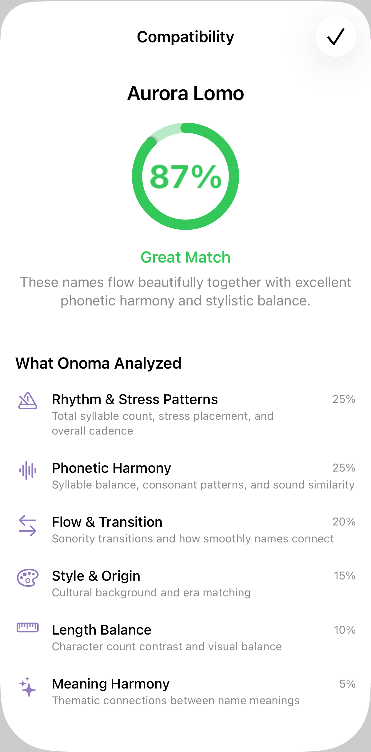 The name pairing view showing an 82% compatibility score with detailed analysis