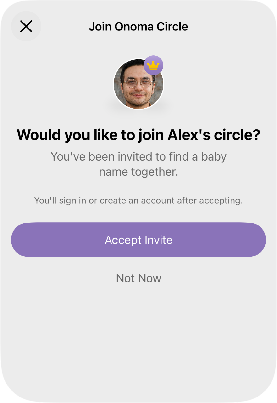 The circle invite screen letting family members join to swipe together