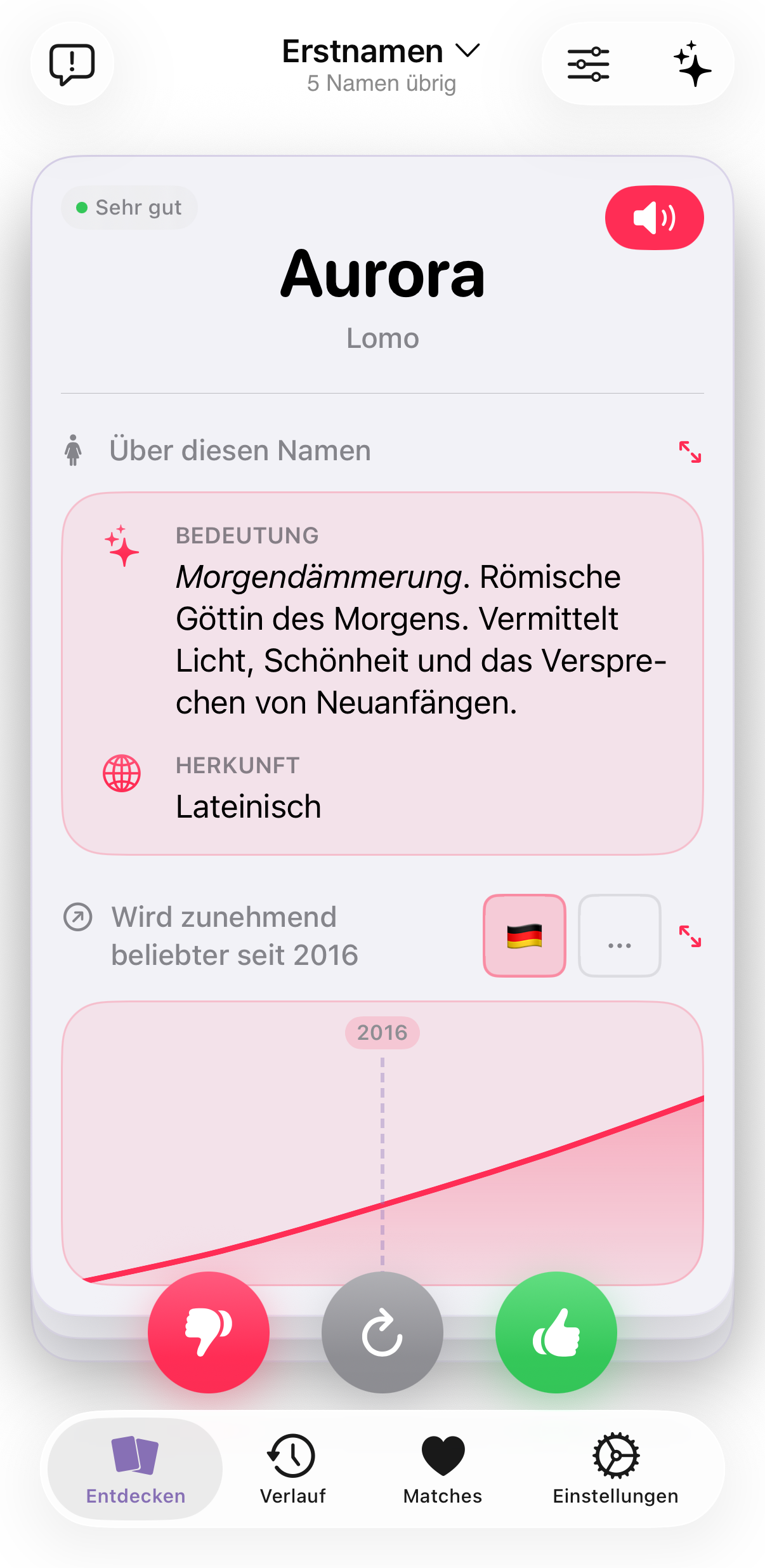 Die Onoma-Swipe-Oberfläche mit einer Namenskarte, Bedeutung, Herkunft und Beliebtheitsdaten