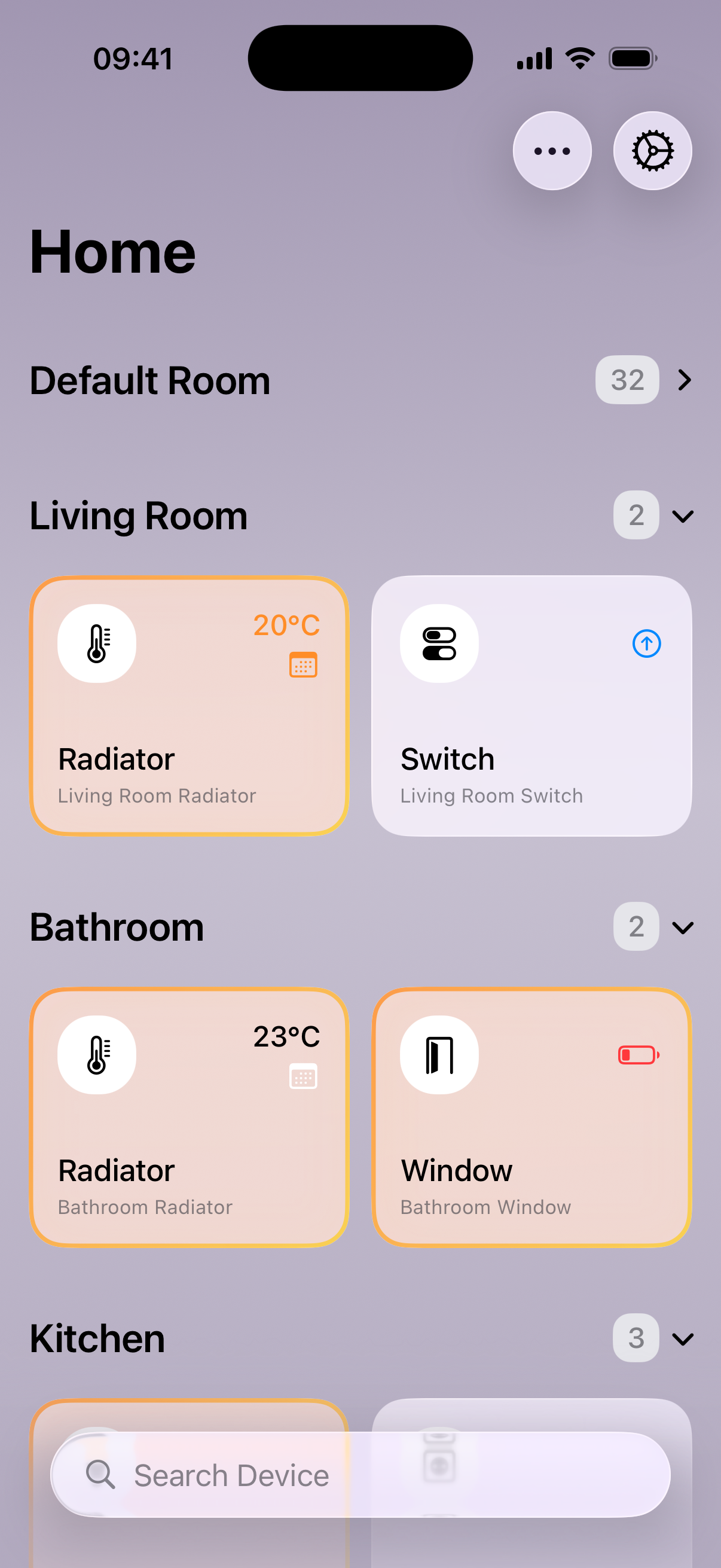 The home screen showing room-based device organization with quick controls