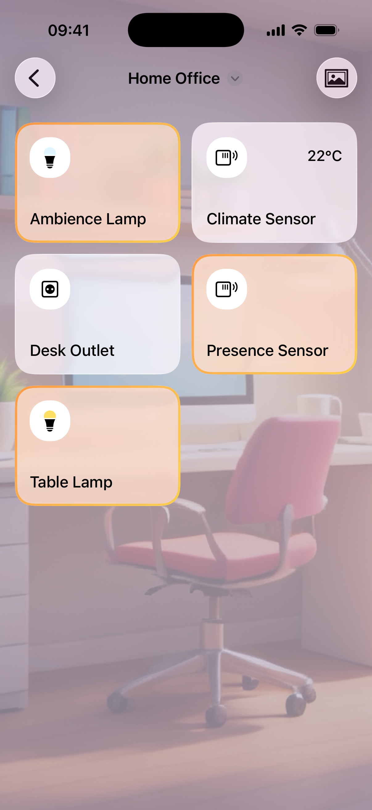 A room view with card-based device layout and an AI-generated room background