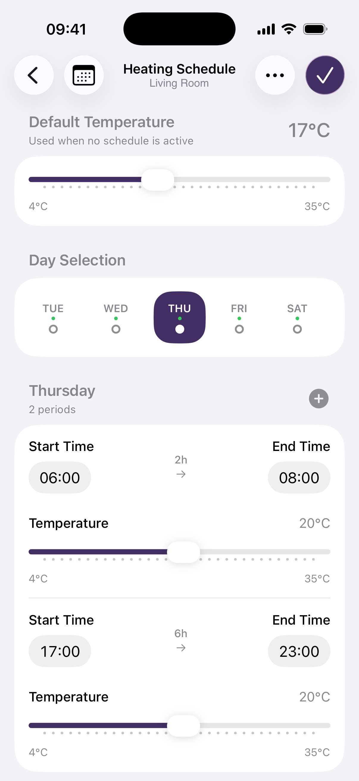 The visual weekly schedule editor with temperature time blocks for each day