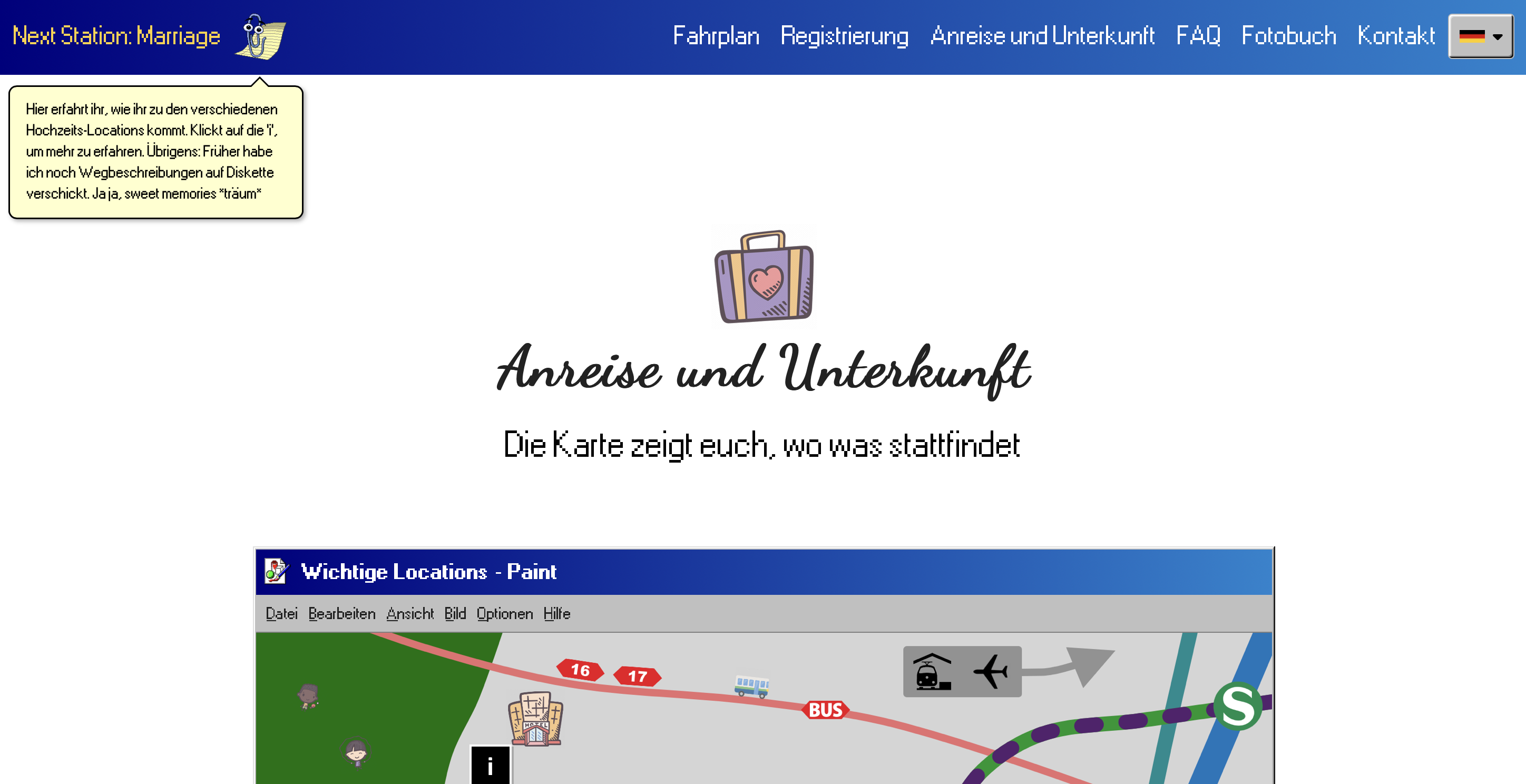 The wedding website with Windows 95-inspired interface showing a map embedded in a Paint window
