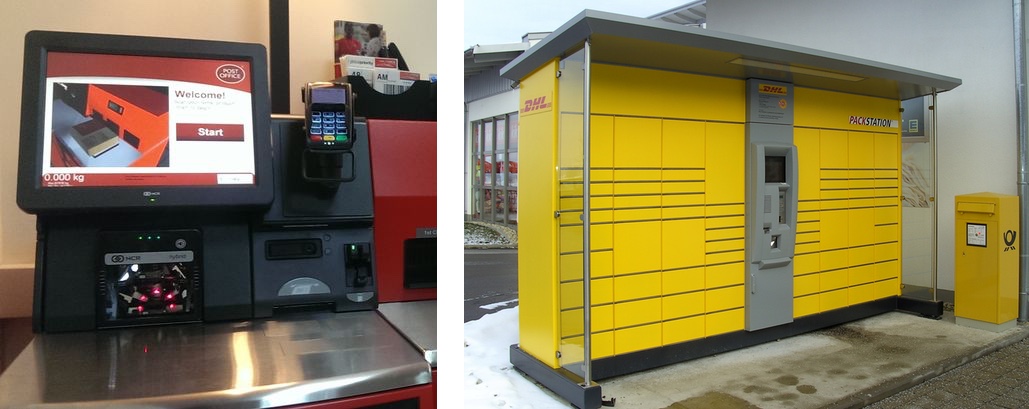 self-service kiosk as used by UK Post Office compared with DHL Germany's Packstation solution